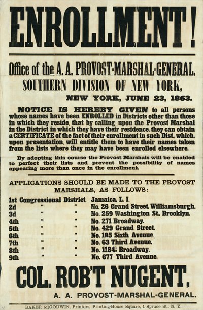 Poster di reclutamento per la Divisione Meridionale di New York, 23 giugno 1863 da American School